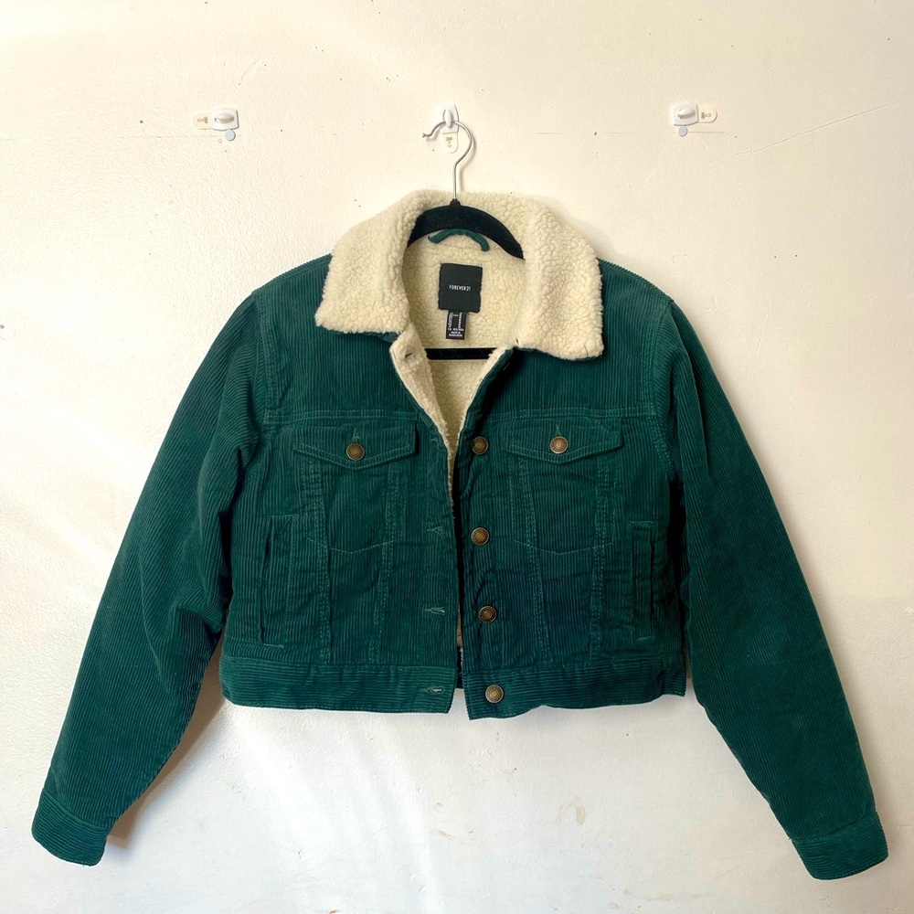 Forever 21 corduroy faux shearling jacket.  Worn once. very green. Warm.